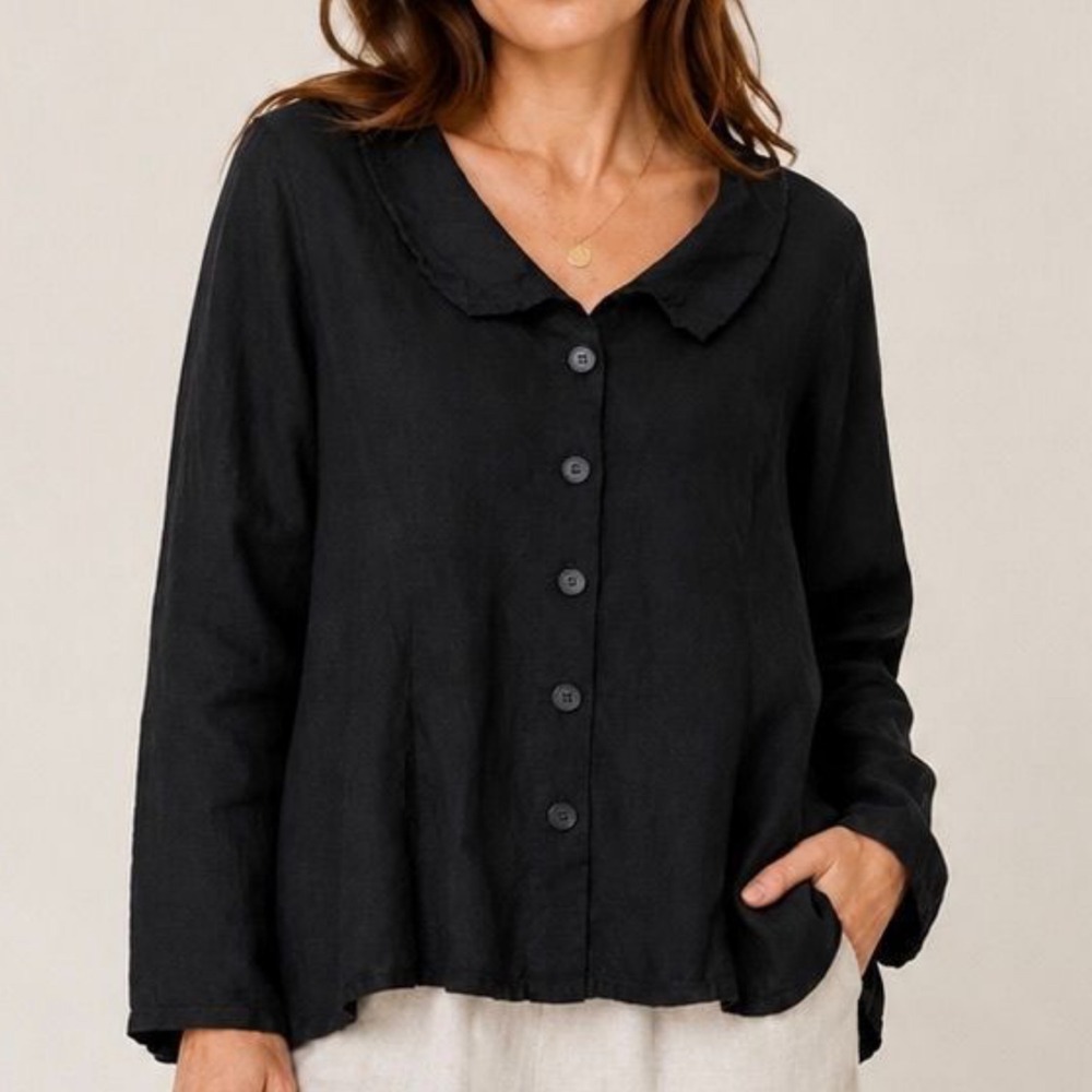 FLAX Black 100% Linen Button Down Ruffle Collar Top Lagenlook Large 14 16 18
